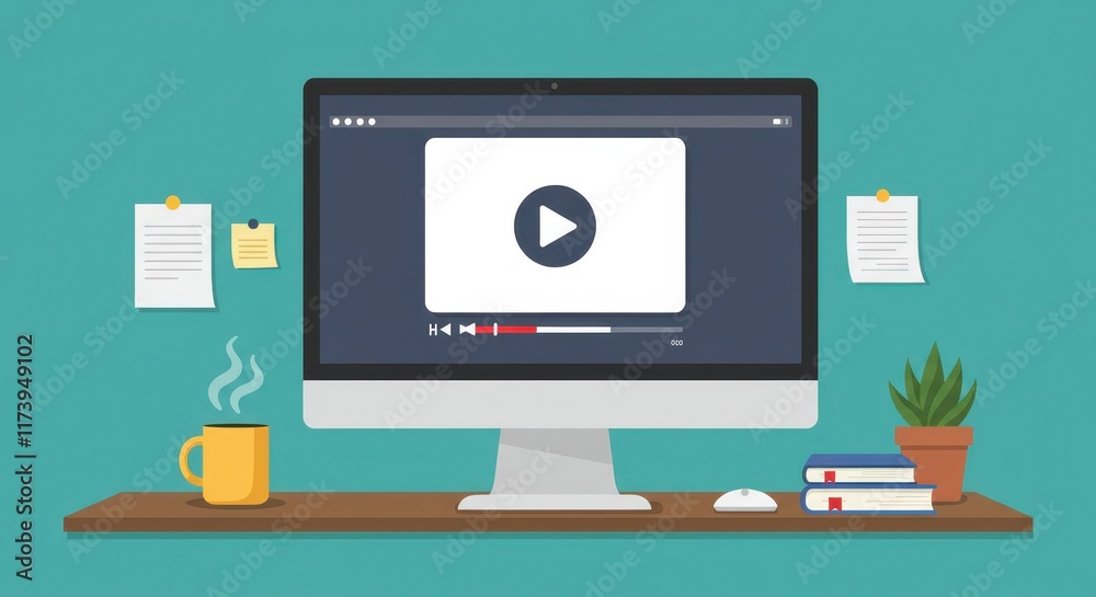 Fototapete A flat illustration of a desktop computer with a video player on the screen