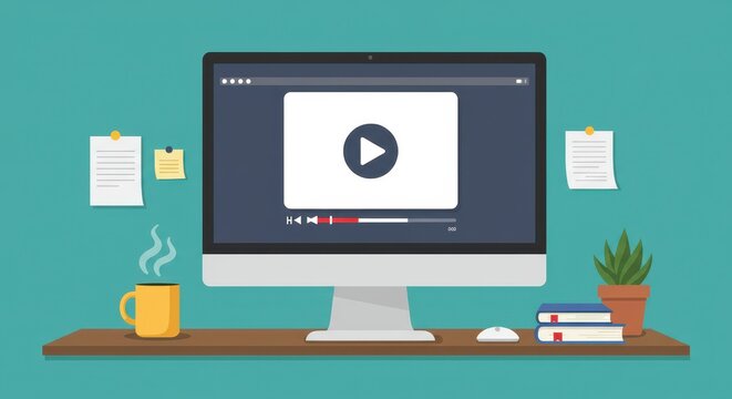 A flat illustration of a desktop computer with a video player on the screen