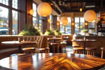 Warm cafe with natural wooden decor representing comfort, style, coziness, and warmth

