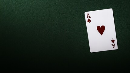 Obraz premium A single playing card, the ace of hearts, rests on a dark green surface. A touch of mystery.