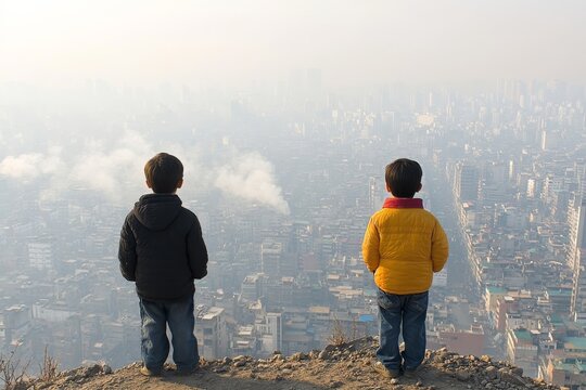 Two young boys admire the sprawling cityscape from a foggy hillside location during early morning hours