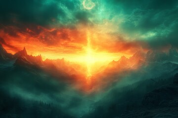 Obraz premium Majestic sunrise over misty mountains with vibrant colors illuminating the sky at dawn