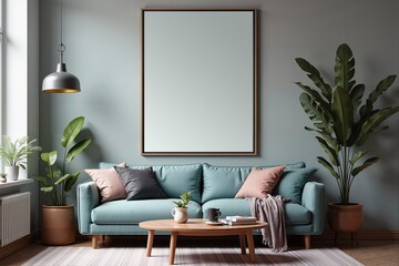 Cozy living room with minimalist decor and a large blank frame on the wall.