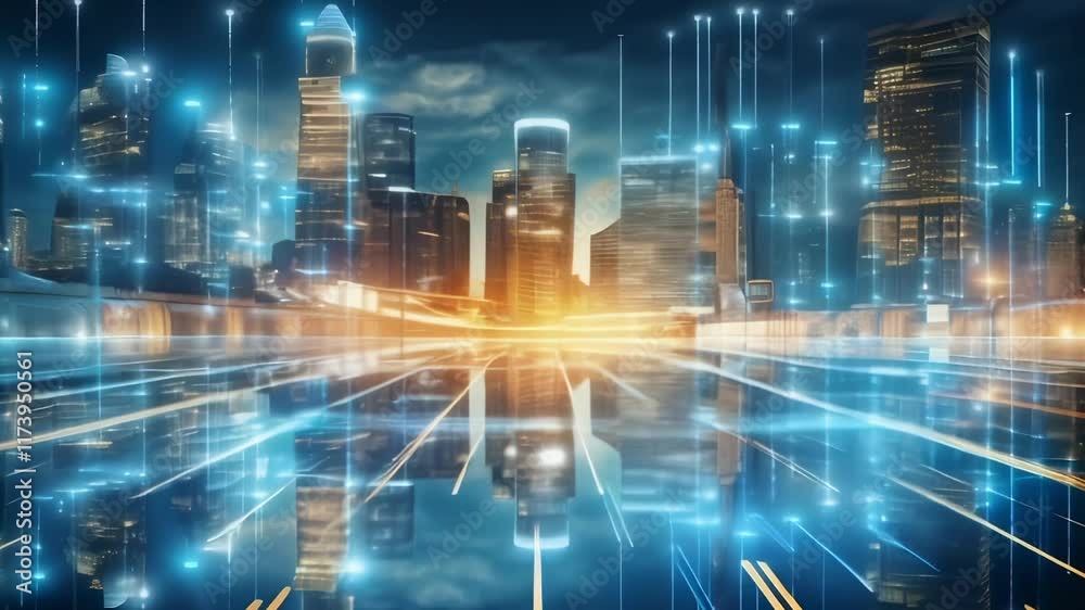 Poster illuminated skyscrapers reflecting on wet asphalt in a smart city with digital data flowing, creatin