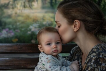Fototapeta premium Mother kissing her baby on a bench surrounded by flowers in a serene garden during golden hour
