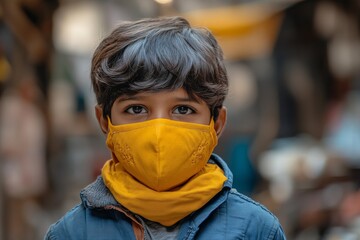 Obraz premium Young boy wearing a yellow mask and scarf stands in a vibrant market during early morning hours