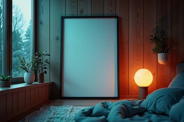 Cozy bedroom with warm lighting and wooden decor.