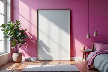 Sunlit modern bedroom with vibrant pink walls and minimalist decor.