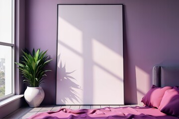 "Contemporary bedroom with purple walls, a large blank canvas, and natural light from a window."