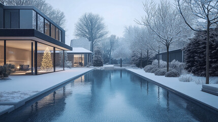 Modern Winter Retreat with a Snowy Poolside