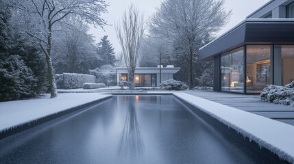 Modern Winter Retreat with a Snowy Poolside