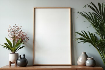 Minimalist decor with a blank canvas, plants, and vases on a wooden shelf.
