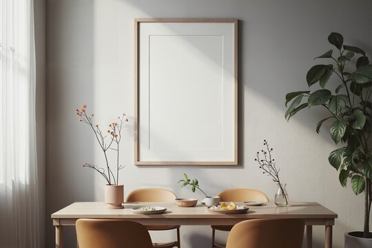 A serene dining space with minimalist decor and natural light.