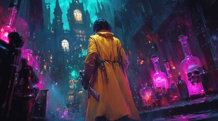 anime girl sorcerer in yellow coat with glowing potions and skulls in vibrant potion laboratory