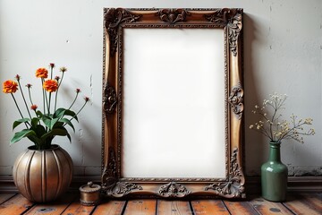 Elegant vintage frame with rustic charm, enhanced by floral accents.