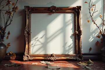 Elegant vintage frame casts intricate shadows on a sunlit wall.