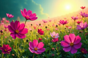 Vibrant cosmos field, sunlit petals bursting with color , nature, red