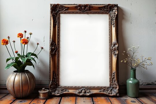 Elegant vintage frame with rustic charm, enhanced by floral accents.