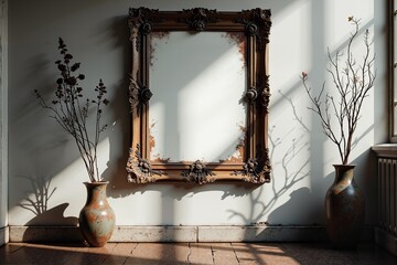 Elegance in simplicity: vintage mirror and rustic vases grace a sunlit corner.