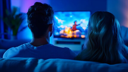 A couple relaxes on a comfortable sofa, captivated by a lively animated film in soft blue light