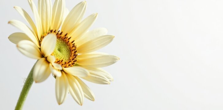 A single white sunflower with bright yellow anthers and dark centers, set against a clean white background , still life, petal