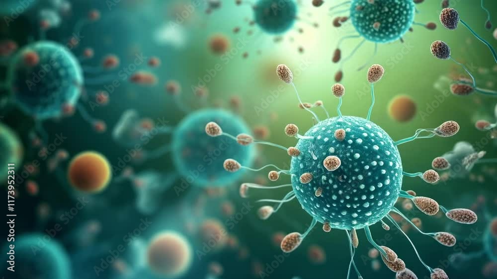 Poster bacteriophages attacking bacterial cells in a vibrant green microscopic environment illustrate the c