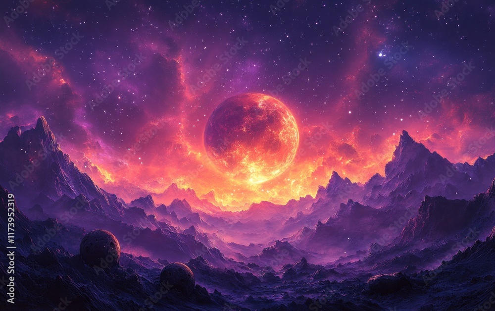 Wall mural cosmic nebula and distant planet with asteroid field in deep space