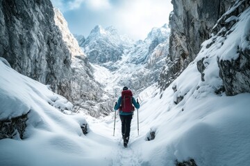 Hiker traverses snowy valley surrounded by majestic mountains in a remote wilderness during winter