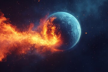 Obraz premium Dramatic confrontation of a flaming asteroid colliding with a distant planet in outer space