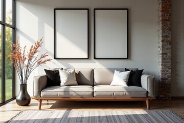 Modern living room with minimalist decor and large windows.