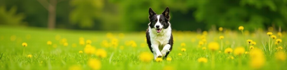 Border Collie running freely in a green field with dandelions blowing in the wind, wildflowers, agility
