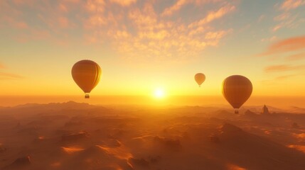 Naklejka premium Three hot air balloons soar above a desert sunset.