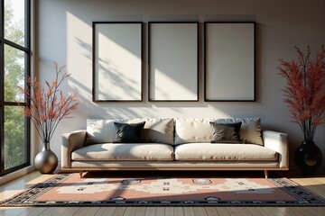 Contemporary living room with minimalist decor and natural light.