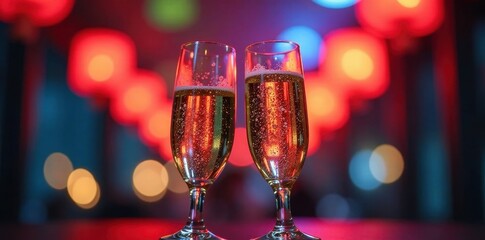 Close up of two filled champagne flutes, clinking , detail, new year