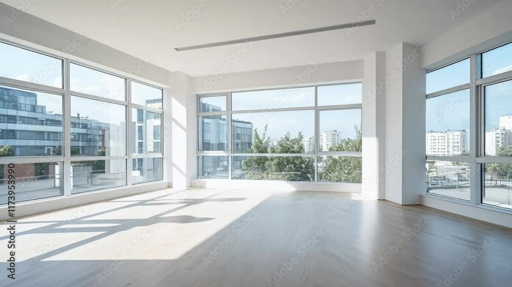Poster sunlight streaming through large windows fills an empty modern office room, illuminating the wooden 