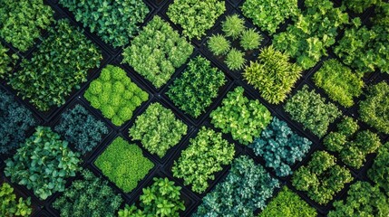 Exploring grid layouts of cropped plants in a well-organized garden showcasing greenery and order in horticultural design