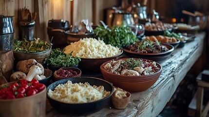 Obraz premium Rustic wooden table laden with bowls of medieval-style food.
