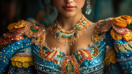 Fototapeta premium Close-up of carnival costume detail demonstrating unique colorful patterns. Elaborate patterns of carnival costume in cultural celebration.