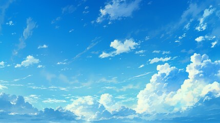 Day sky with clouds in anime style, soft and peaceful background, bright blue sky, fluffy clouds, serene atmosphere, anime landscape, tranquil, cartoon-inspired, anime backdrop 