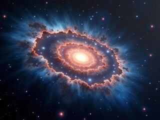 spiral galaxy with vibrant stars from blue-white to crimson, surrounded by iridescent, glowing dust clouds. Set against an inky black void filled with stars