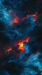 Fototapeta premium Vivid cosmic scene with fiery orange and deep blue clouds interwoven with streaks of lightning.