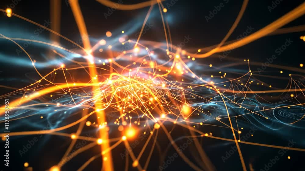 Poster Glowing circuits merge into a neural network, creating a vibrant and interconnected web that showcases the evolution of technology and artificial intelligence in a futuristic landscape