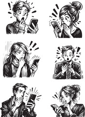 Set of surprised expressions of people checking their smartphones in a casual, comic illustration style.