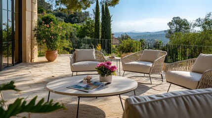 Luxury patio furniture overlooking scenic hills