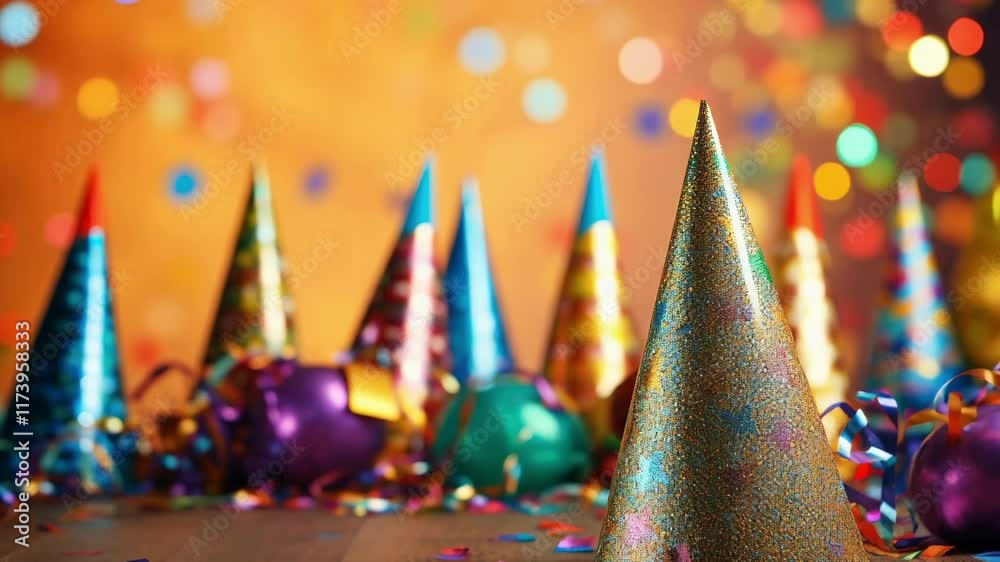 Poster shiny party hats stand among colorful decorations and ribbons, creating a festive atmosphere with bl