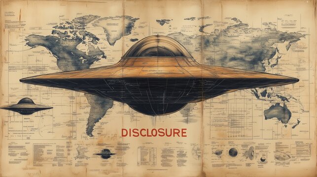 An alien ufo hovering above a world map symbolizing extraterrestrial presence with the world Disclosure