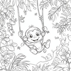 lively monkey swings from vine in lush jungle surrounded tropical leaves flowers and small creatures. Its expressive features enhance playful atmosphere for children.