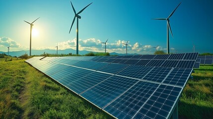 A solar panel field with wind turbines in the background, representing renewable energy, sustainability, green technology, and environmental progress for a cleaner future..
