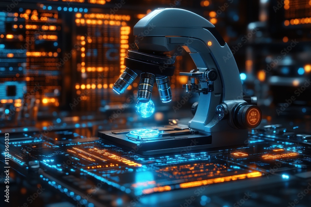 Poster futuristic digital microscope with ai for scientific research and enhanced image analysis techniques