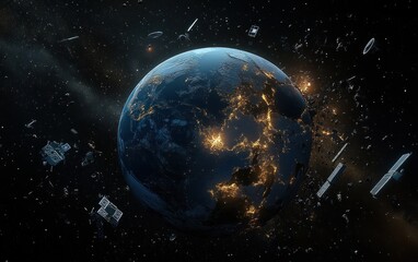 Obraz premium Illustration of Earth's Orbit Pollution by Space Debris Satellites and Junk in High Quality Digital Space Art